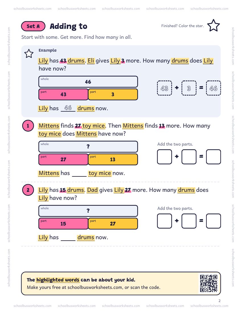 Page 2 of the worksheet. Set A, Adding to. A solved example and 4 questions about Lily, with pictures to count and boxes for the answers.