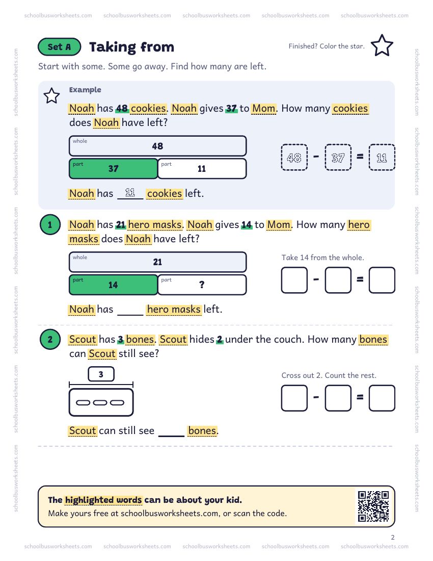 Page 2 of the worksheet. Set A, Taking from. A solved example and 5 questions about Noah, with pictures to count and boxes for the answers.
