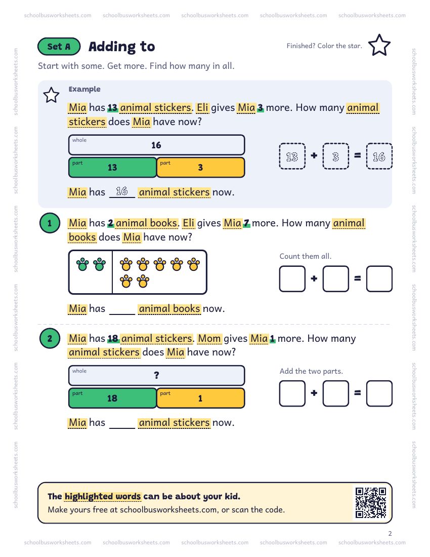 Page 2 of the worksheet. Set A, Adding to. A solved example and 2 questions about Mia, with pictures to count and boxes for the answers.