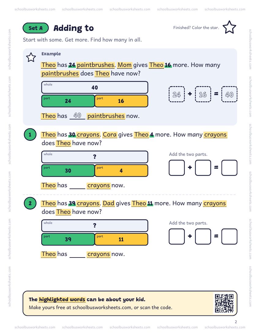 Page 2 of the worksheet. Set A, Adding to. A solved example and 2 questions about Theo, with pictures to count and boxes for the answers.