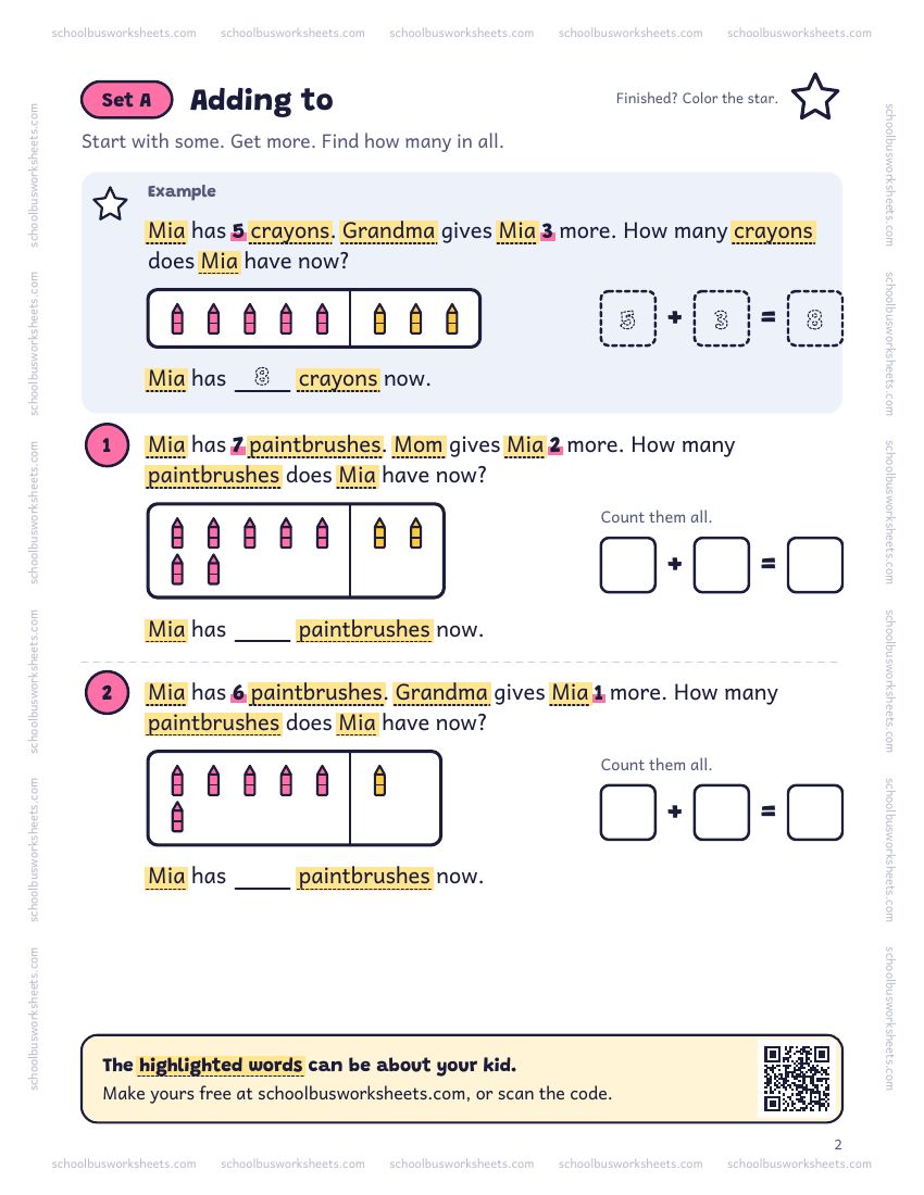 Page 2 of the worksheet. Set A, Adding to. A solved example and 2 questions about Mia, with pictures to count and boxes for the answers.