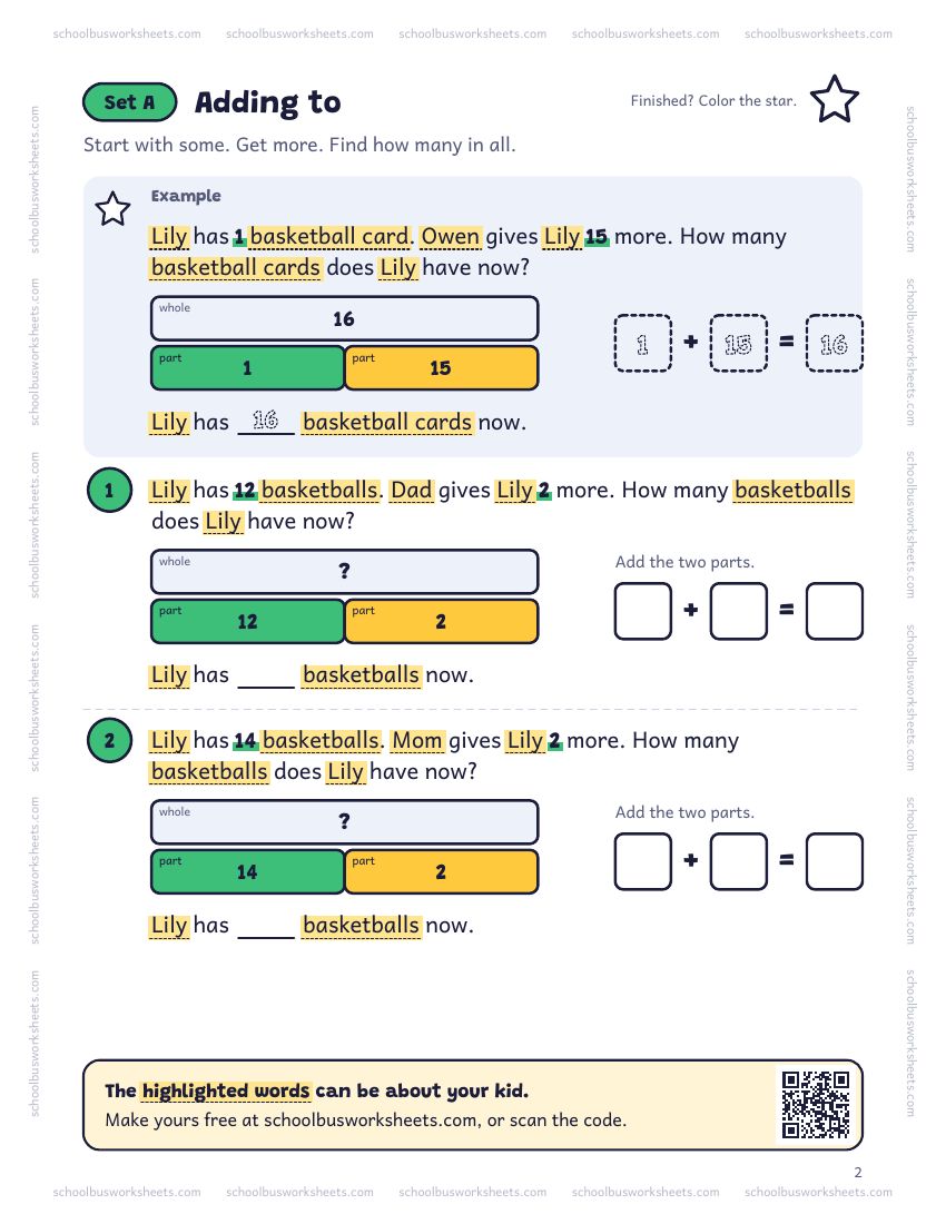 Page 2 of the worksheet. Set A, Adding to. A solved example and 2 questions about Lily, with pictures to count and boxes for the answers.