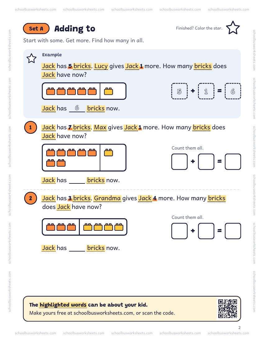 Page 2 of the worksheet. Set A, Adding to. A solved example and 2 questions about Jack, with pictures to count and boxes for the answers.