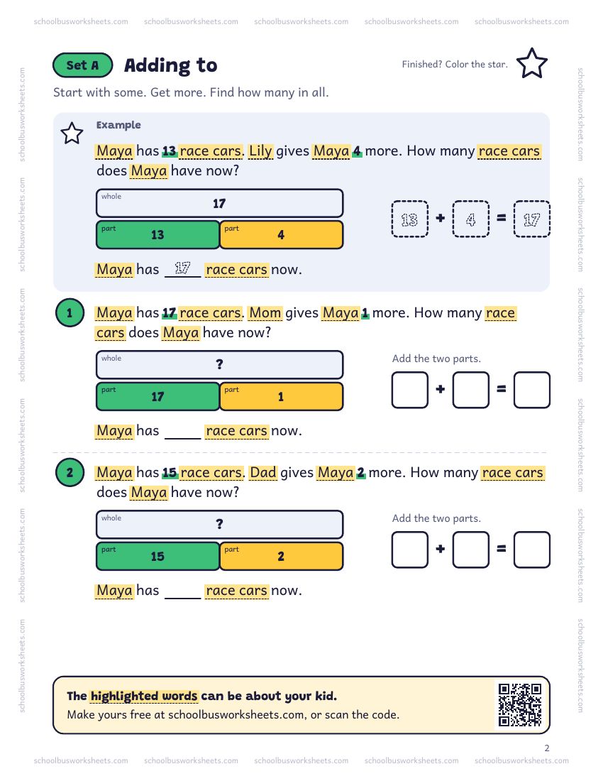 Page 2 of the worksheet. Set A, Adding to. A solved example and 2 questions about Maya, with pictures to count and boxes for the answers.