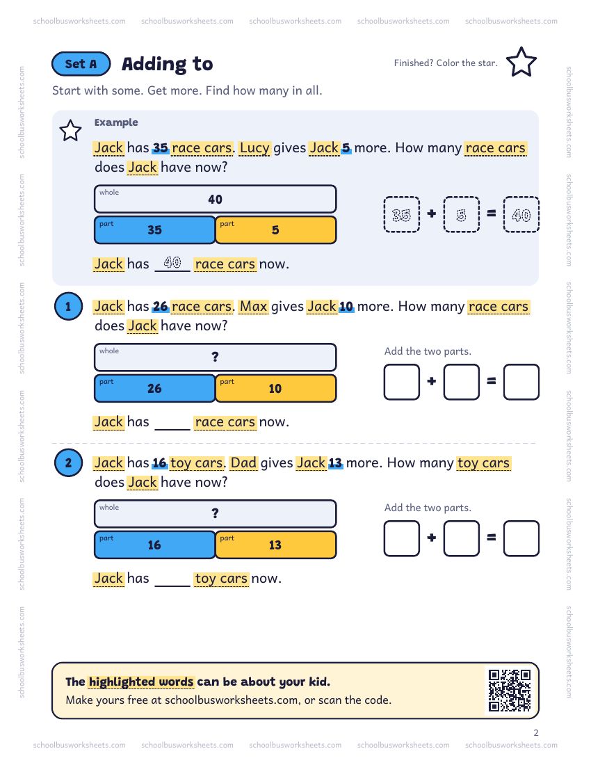 Page 2 of the worksheet. Set A, Adding to. A solved example and 2 questions about Jack, with pictures to count and boxes for the answers.