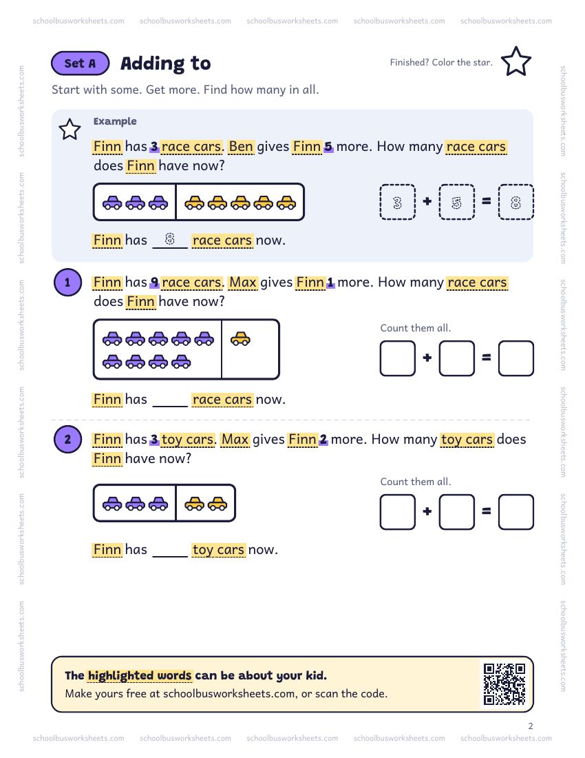 Page 2 of the worksheet. Set A, Adding to. A solved example and 2 questions about Finn, with pictures to count and boxes for the answers.