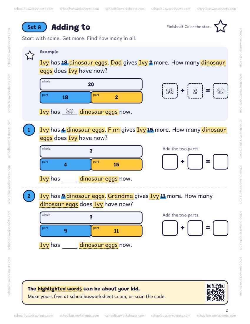 Page 2 of the worksheet. Set A, Adding to. A solved example and 2 questions about Ivy, with pictures to count and boxes for the answers.