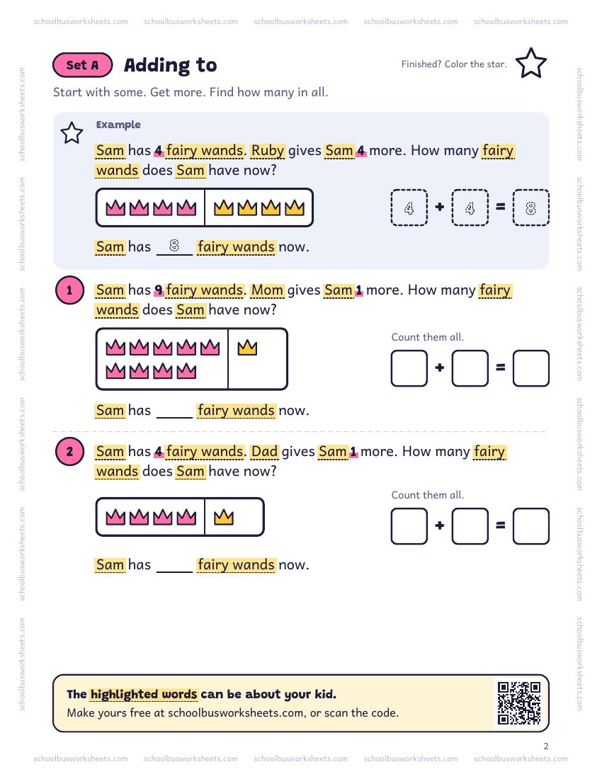 Page 2 of the worksheet. Set A, Adding to. A solved example and 2 questions about Sam, with pictures to count and boxes for the answers.