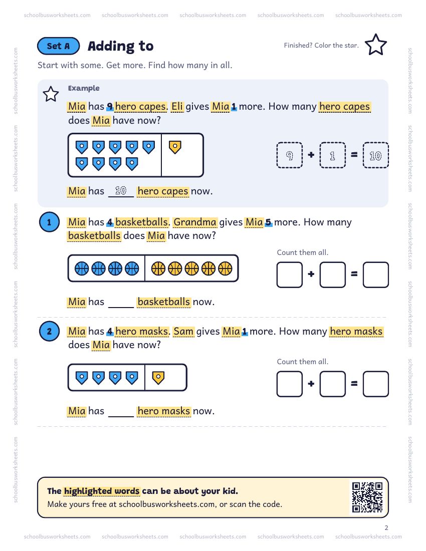 Page 2 of the worksheet. Set A, Adding to. A solved example and 4 questions about Mia, with pictures to count and boxes for the answers.