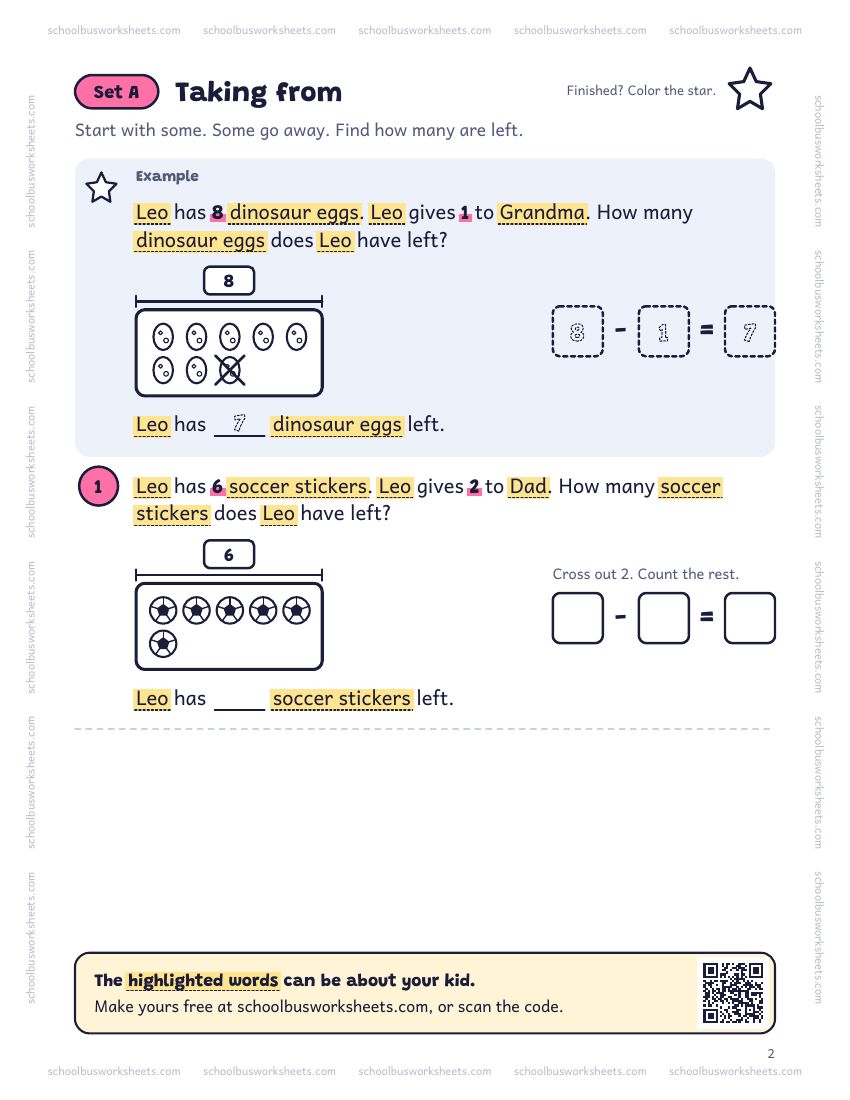 Page 2 of the worksheet. Set A, Taking from. A solved example and 5 questions about Leo, with pictures to count and boxes for the answers.