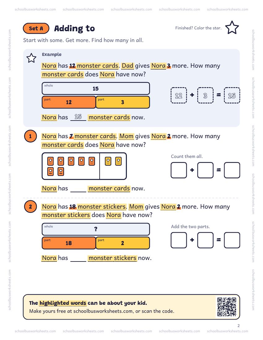 Page 2 of the worksheet. Set A, Adding to. A solved example and 2 questions about Nora, with pictures to count and boxes for the answers.
