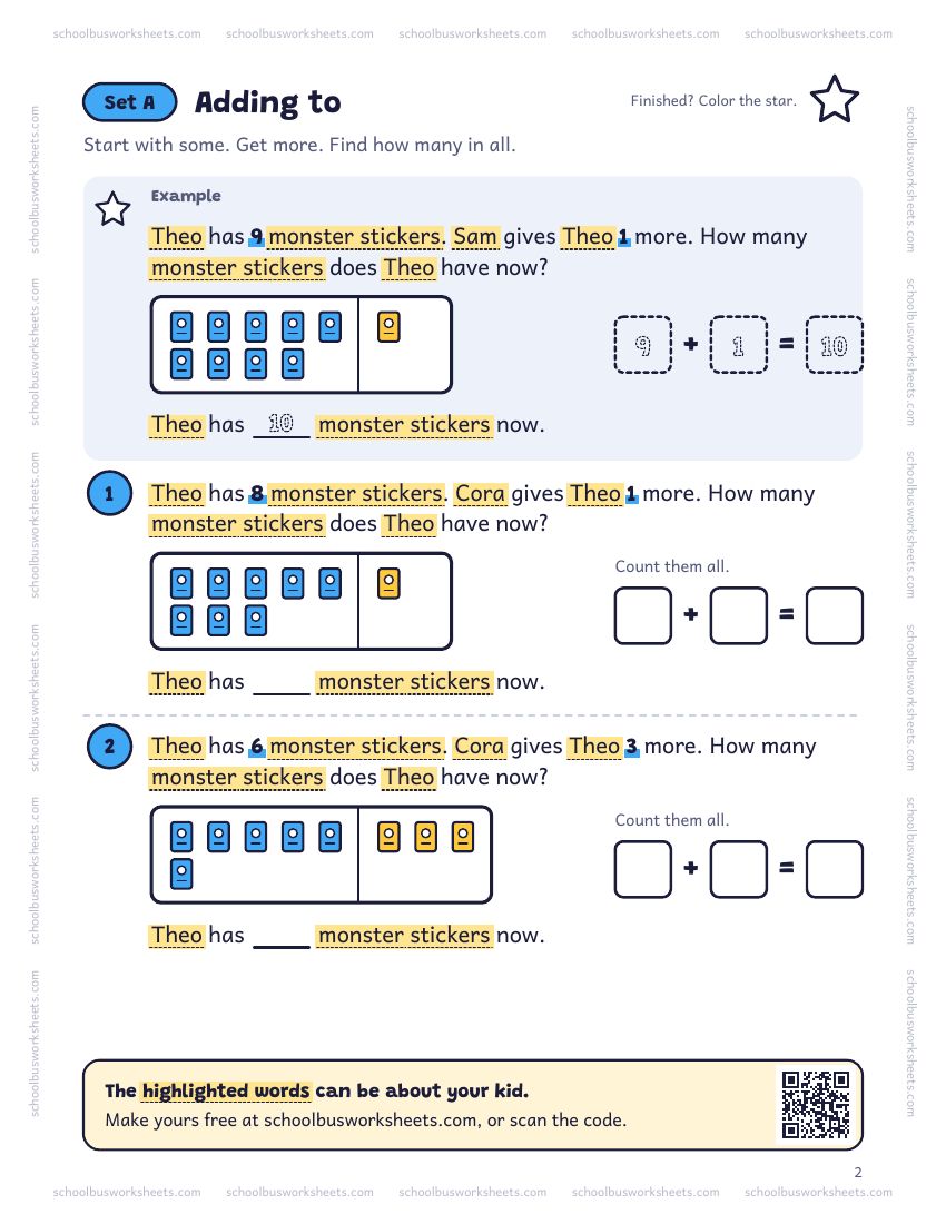 Page 2 of the worksheet. Set A, Adding to. A solved example and 2 questions about Theo, with pictures to count and boxes for the answers.