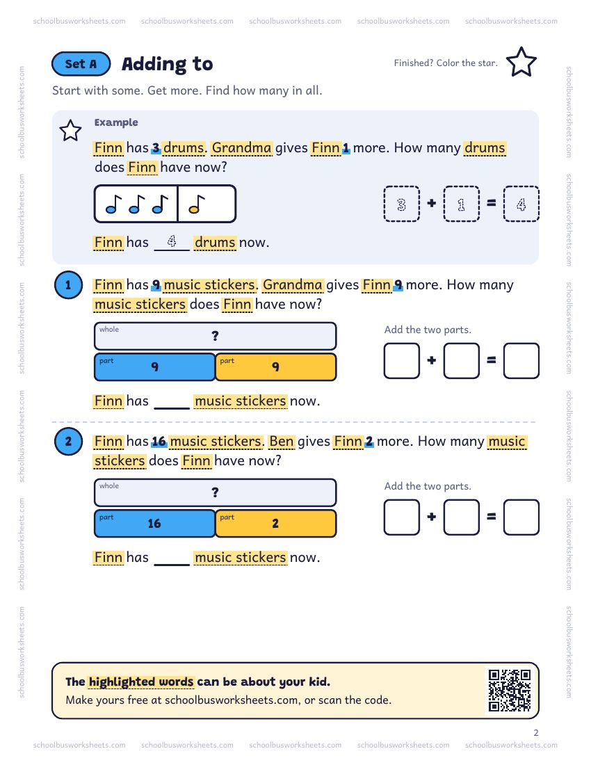 Page 2 of the worksheet. Set A, Adding to. A solved example and 2 questions about Finn, with pictures to count and boxes for the answers.