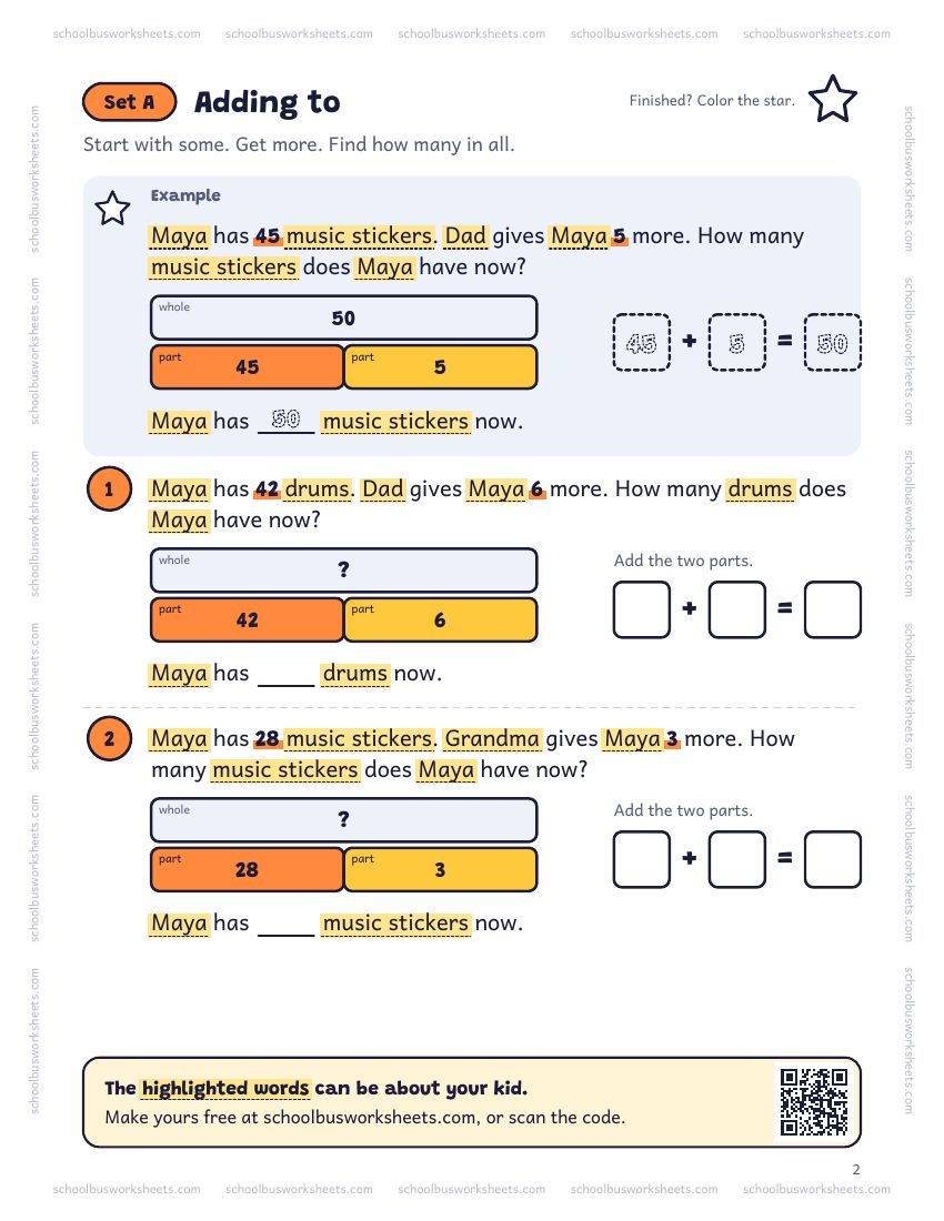 Page 2 of the worksheet. Set A, Adding to. A solved example and 2 questions about Maya, with pictures to count and boxes for the answers.