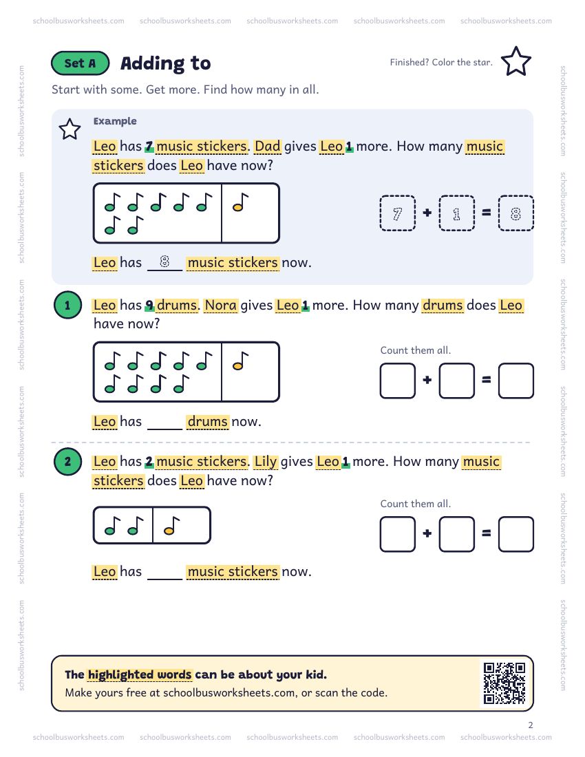 Page 2 of the worksheet. Set A, Adding to. A solved example and 2 questions about Leo, with pictures to count and boxes for the answers.