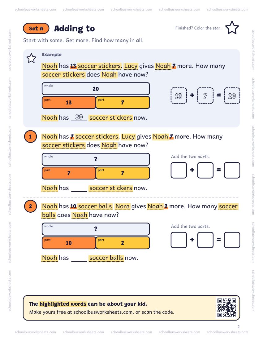 Page 2 of the worksheet. Set A, Adding to. A solved example and 2 questions about Noah, with pictures to count and boxes for the answers.