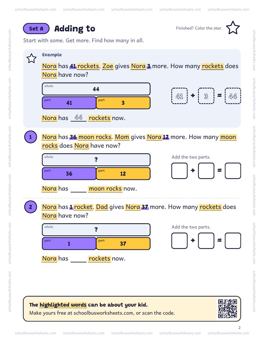 Page 2 of the worksheet. Set A, Adding to. A solved example and 2 questions about Nora, with pictures to count and boxes for the answers.