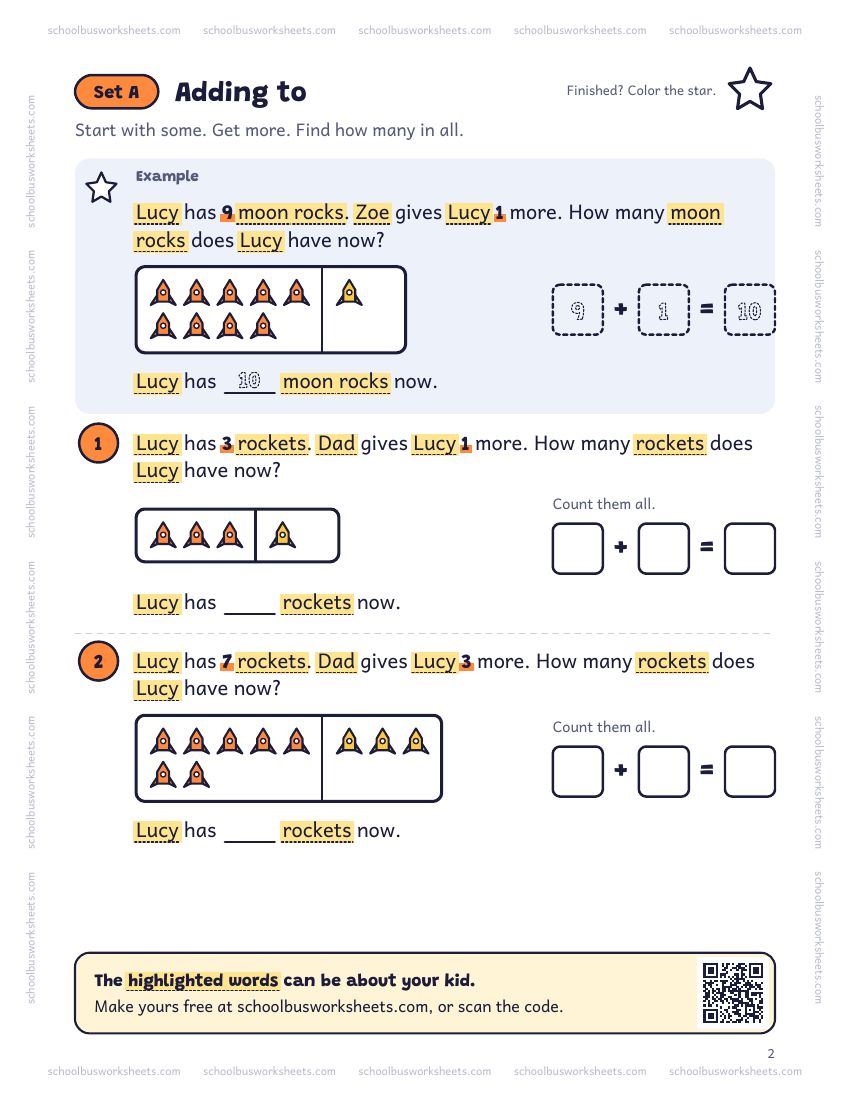 Page 2 of the worksheet. Set A, Adding to. A solved example and 2 questions about Lucy, with pictures to count and boxes for the answers.