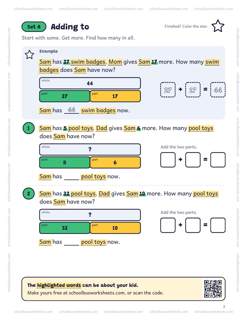 Page 2 of the worksheet. Set A, Adding to. A solved example and 2 questions about Sam, with pictures to count and boxes for the answers.