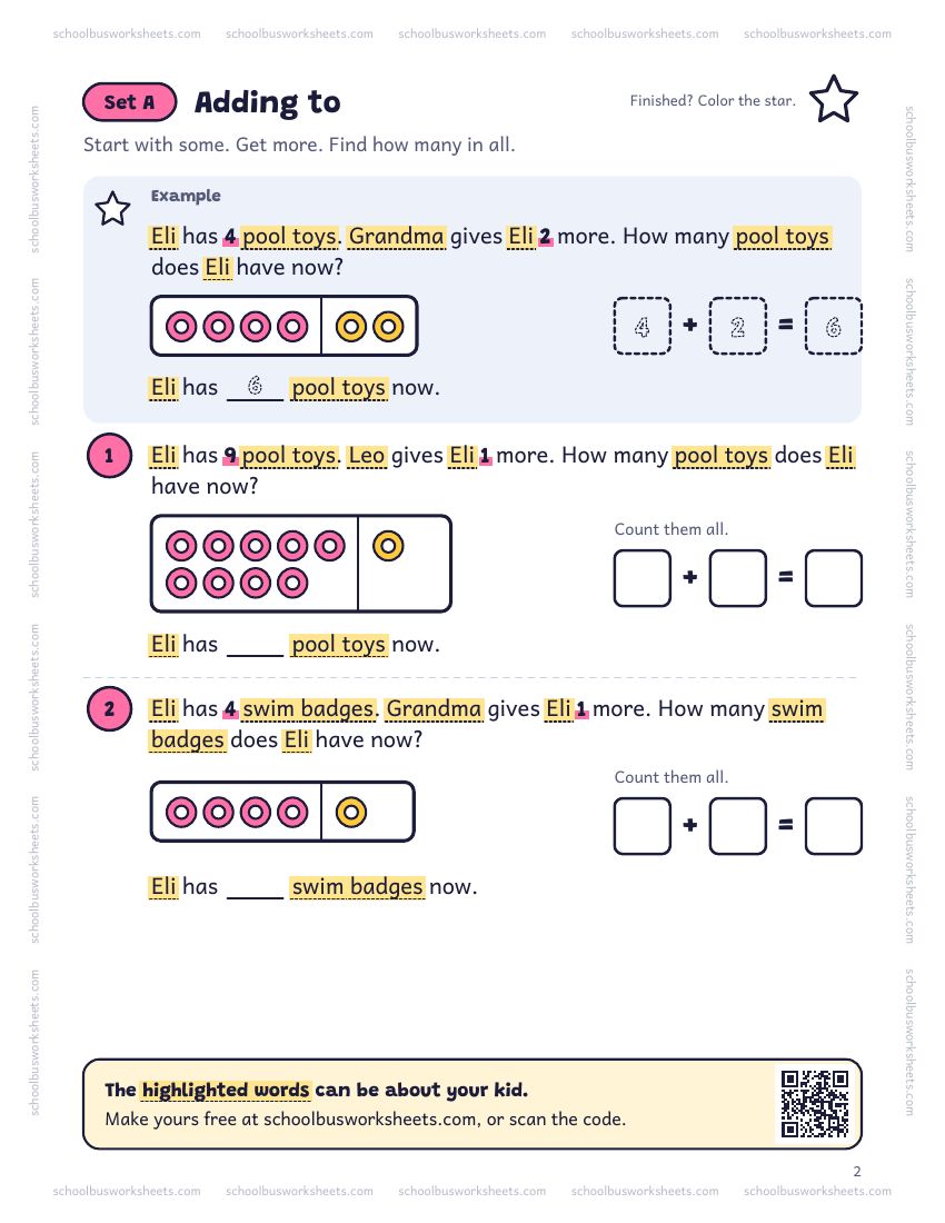 Page 2 of the worksheet. Set A, Adding to. A solved example and 2 questions about Eli, with pictures to count and boxes for the answers.