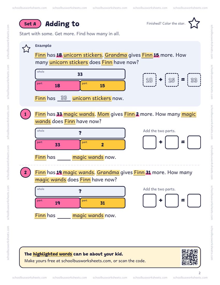 Page 2 of the worksheet. Set A, Adding to. A solved example and 2 questions about Finn, with pictures to count and boxes for the answers.