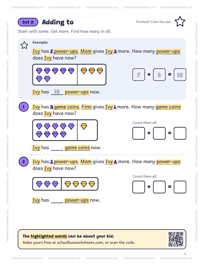 Page 2 of the worksheet. Set A, Adding to. A solved example and 2 questions about Ivy, with pictures to count and boxes for the answers.